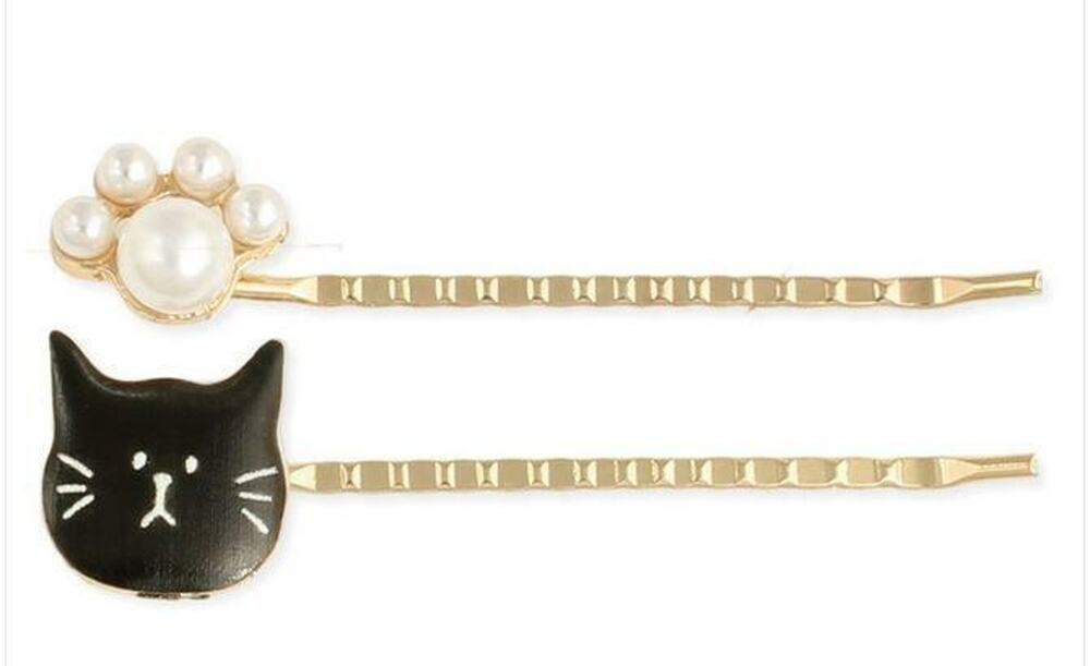 New Midnight Gold Kitty Black Cat & Pearl Pawprint Bobby Pin Hair Accessory Set